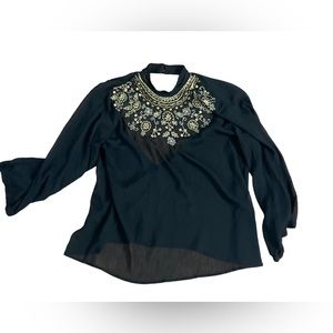 VTG Black Gauze Blouse with Gold/ Bronze Metal Beading and Embroidery- Sz L
